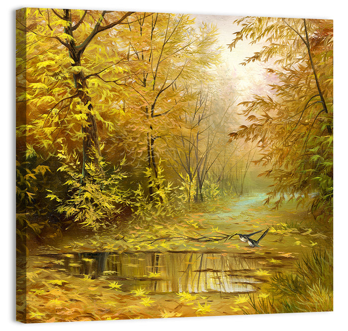 Golden Pond in Autumn Forest Wall Art as a canvas print