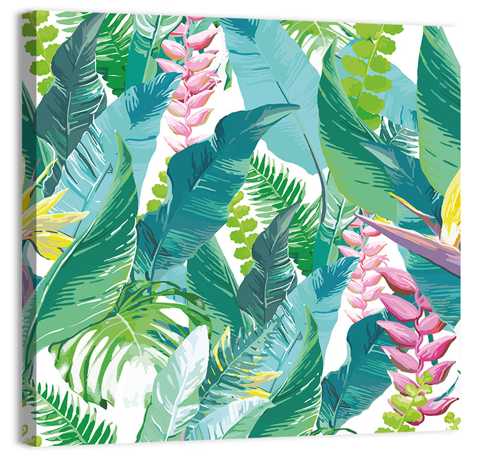 Tropical Leaves and Flowers Pattern Wall Art as a canvas print