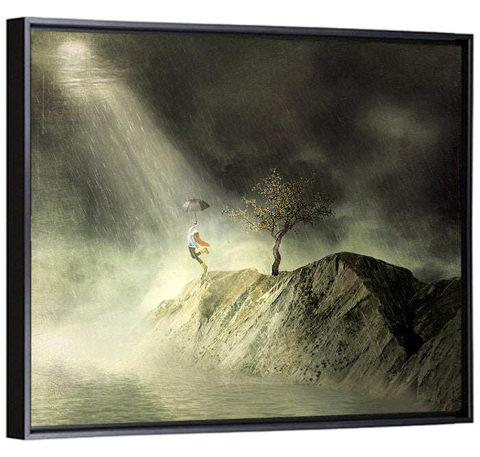 Girl on Cliff in Rain Wall Art as a framed canvas