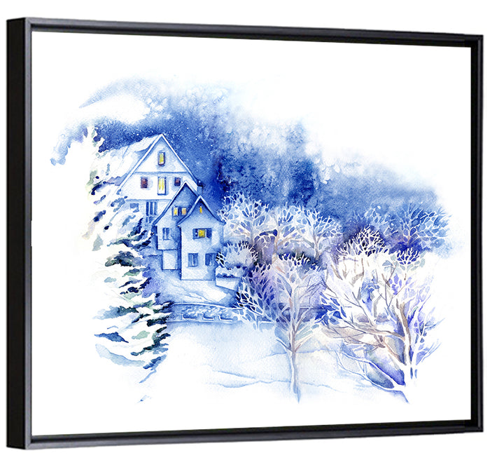 Snowy Village Watercolor Scene Wall Art as a framed canvas