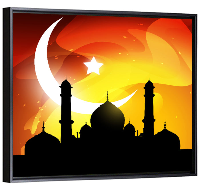 Moonlit Mosque Silhouette Illustration Wall Art as a framed canvas