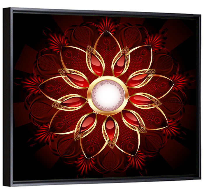 Ornamental Ruby Mandala Wall Art as a framed canvas