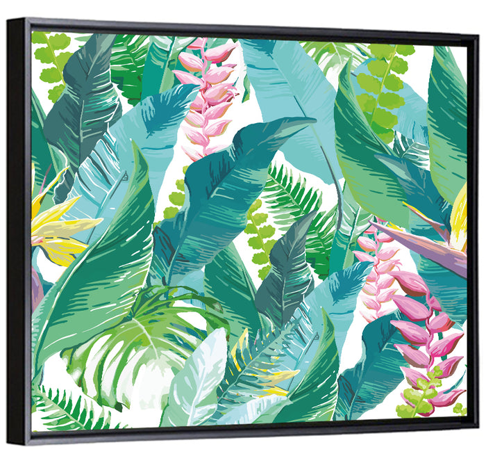Tropical Leaves and Flowers Pattern Wall Art as a framed canvas