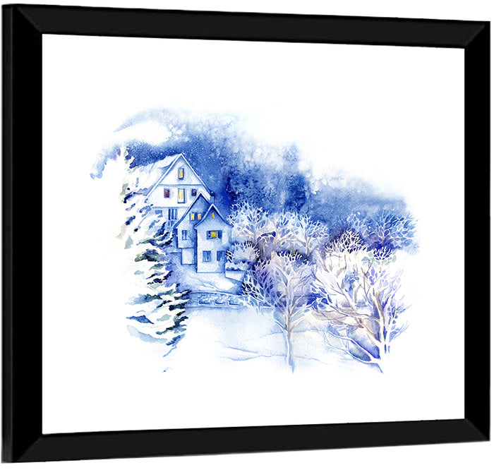 Snowy Village Watercolor Scene Wall Art as a framed print