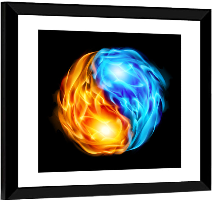 Flaming Yin Yang Symbol Wall Art as a framed print