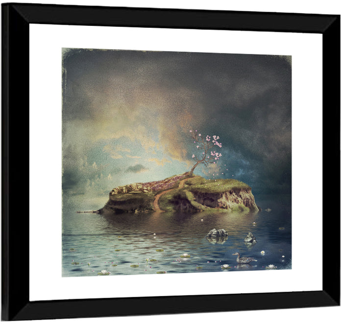 Cherry Blossom Island Reflection Wall Art as a framed print