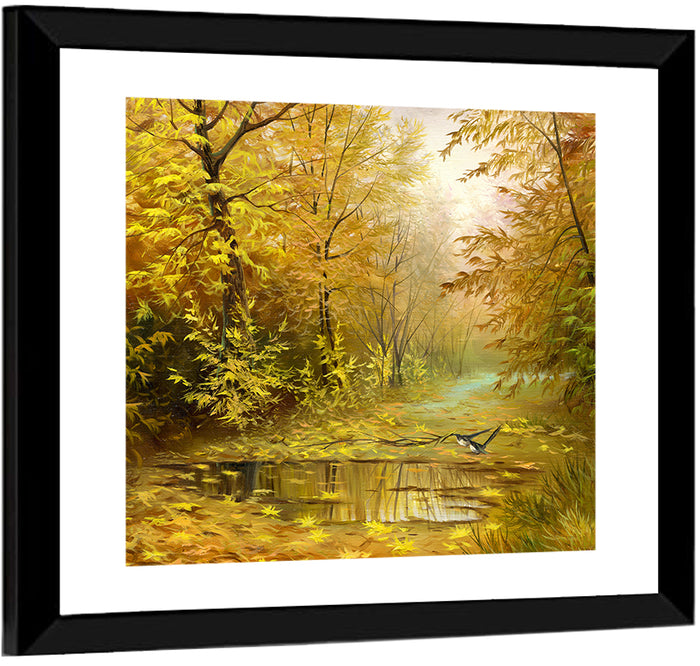 Golden Pond in Autumn Forest Wall Art as a framed print