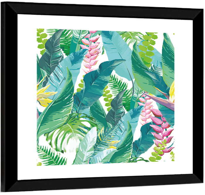 Tropical Leaves and Flowers Pattern Wall Art as a framed print