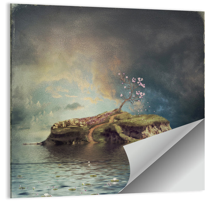 Cherry Blossom Island Reflection Wall Art as a poster print