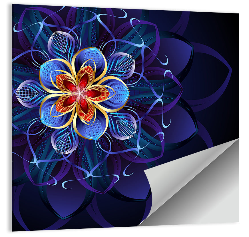 Blue Fractal Mandala Flower Wall Art