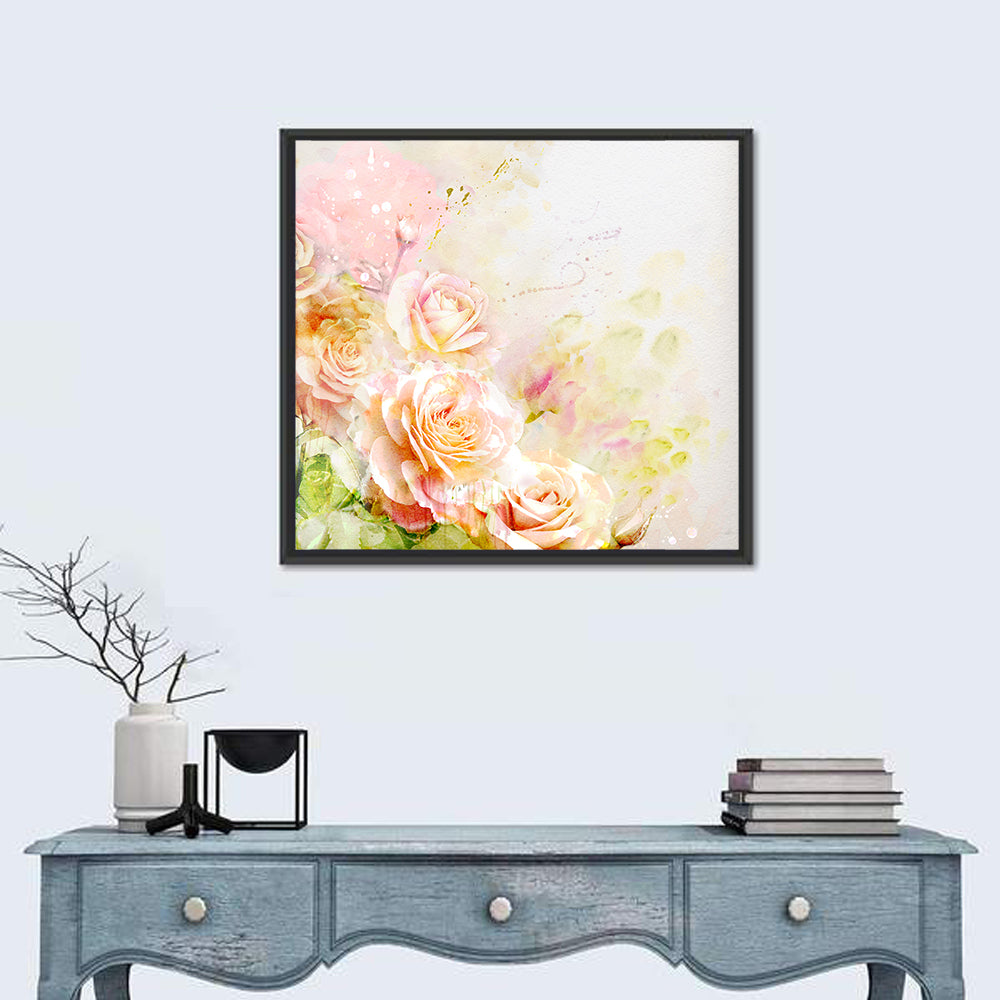 Romantic Watercolor Rose Cluster Wall Art in a room, square