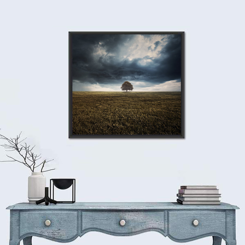 Lone Tree Under Storm Clouds Wall Art in a room, square