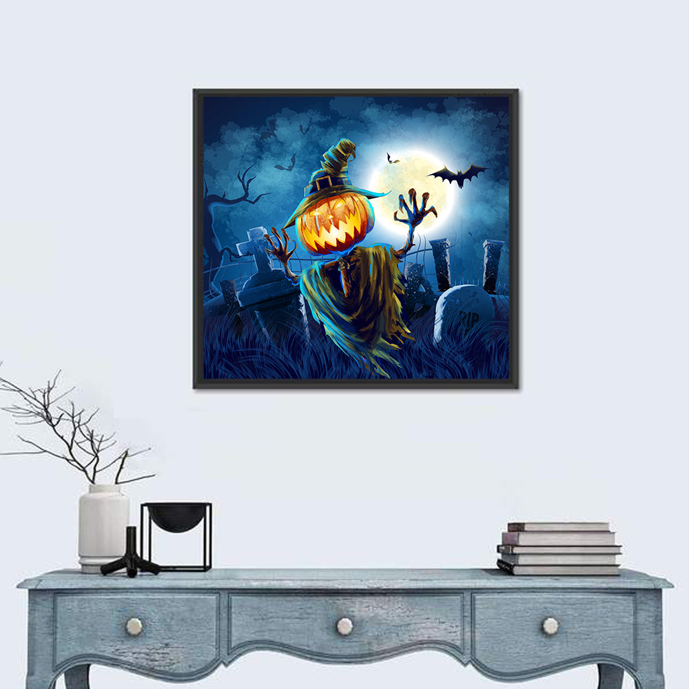 Moonlit Halloween Cemetery Wall Art in a room, square