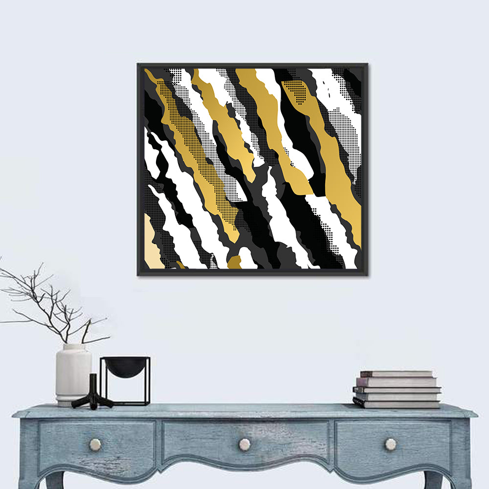 Retro 80s Diagonal Camouflage Pattern Wall Art in a room, square