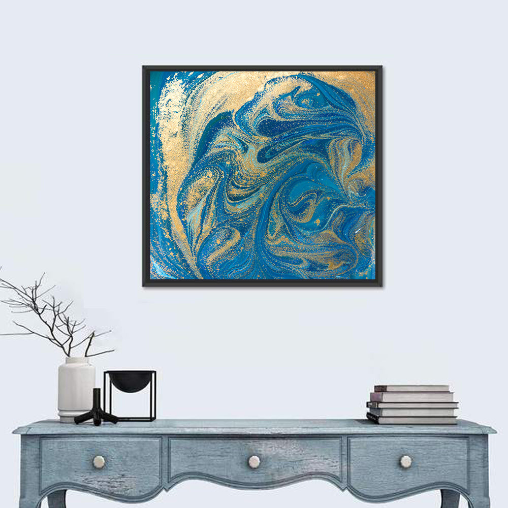 Hand Drawn Blue Marbling Texture Wall Art in a room, square