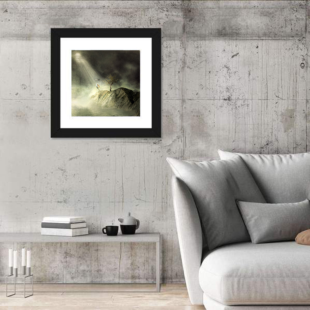 Girl on Cliff in Rain Wall Art in a room, square