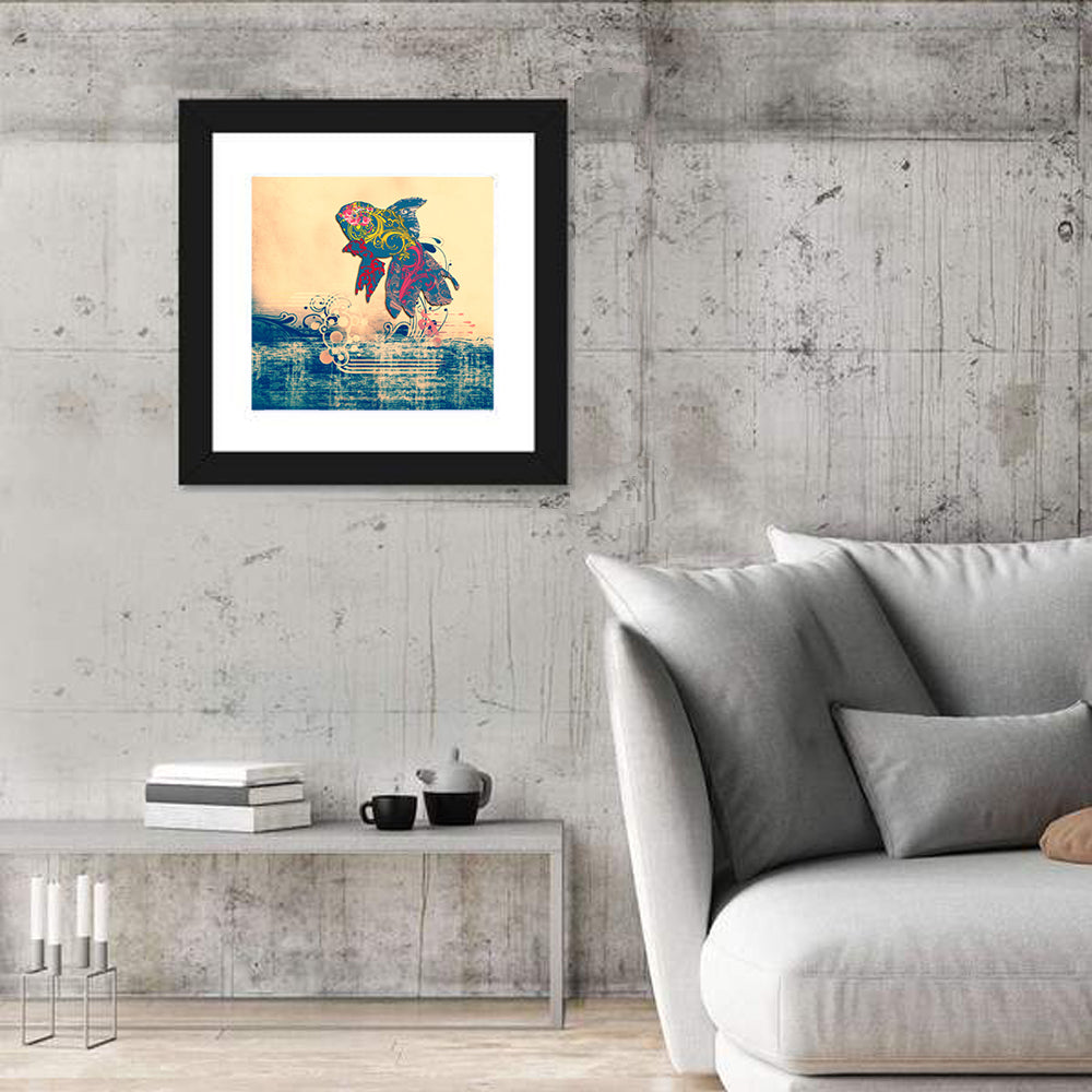 Ornamental Goldfish Illustration Wall Art in a room, square