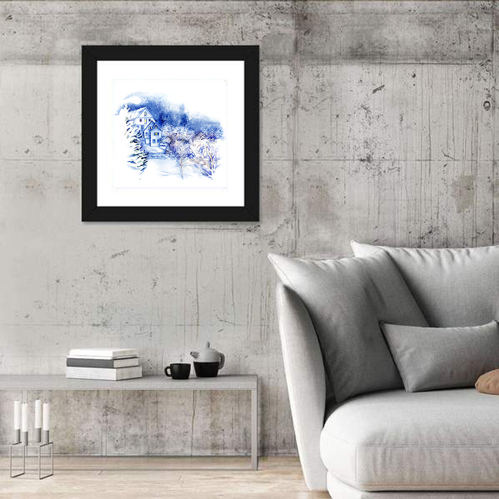 Snowy Village Watercolor Scene Wall Art