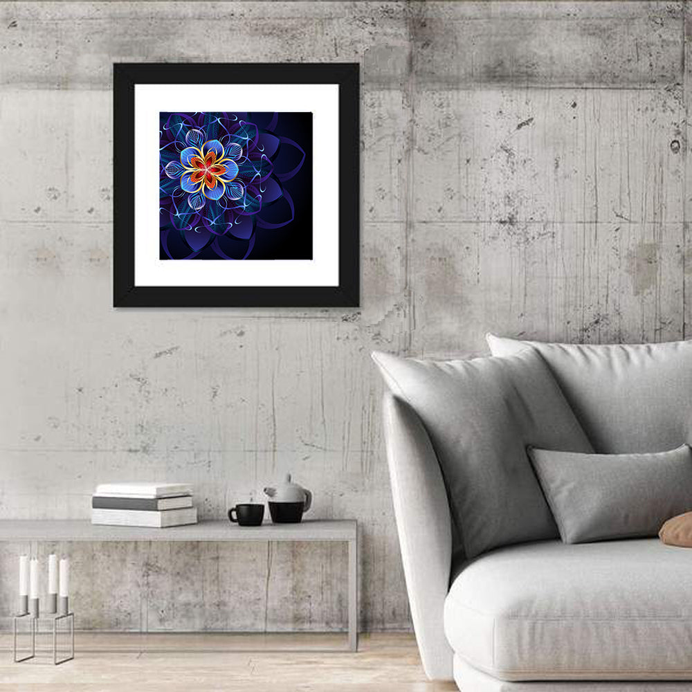 Blue Fractal Mandala Flower Wall Art