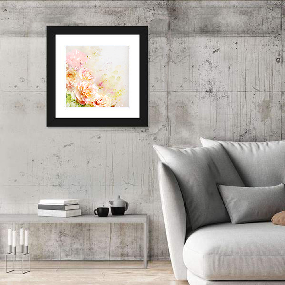 Romantic Watercolor Rose Cluster Wall Art in a room, square