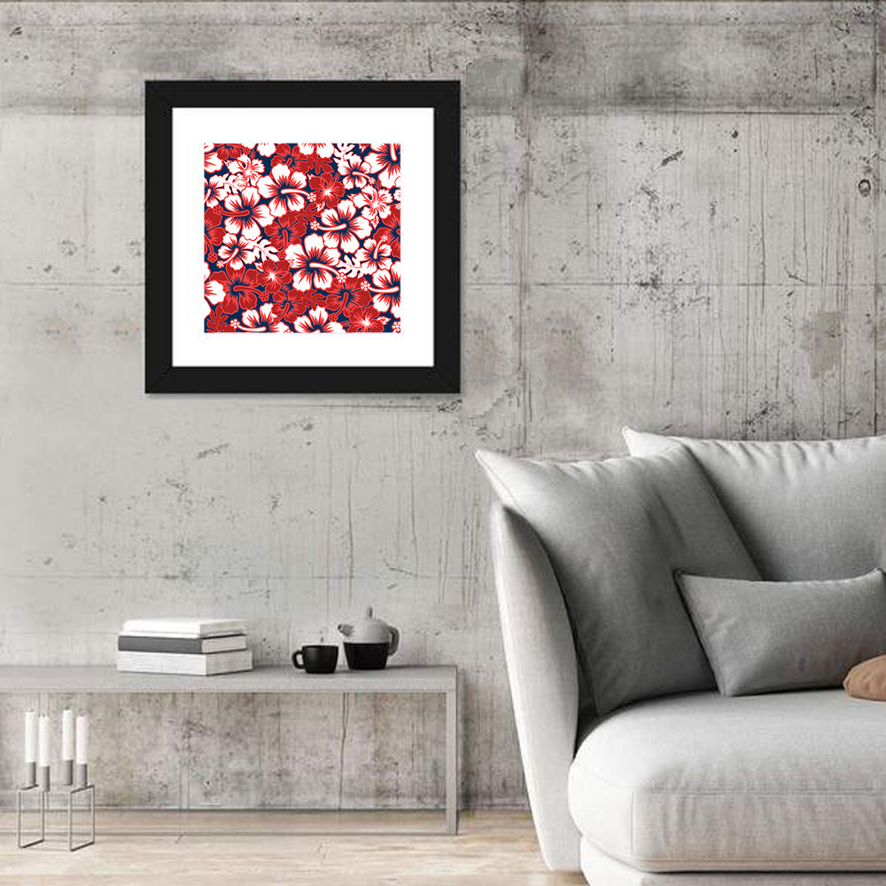 Red Tropical Hibiscus Pattern Wall Art in a room, square