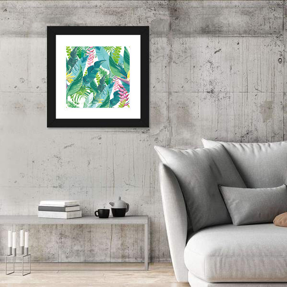 Tropical Leaves and Flowers Pattern Wall Art in a room, square