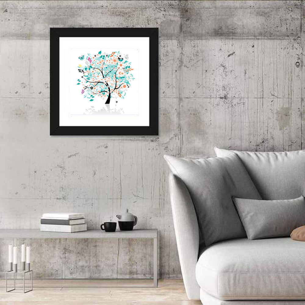 Whimsical Floral Tree Illustration Wall Art in a room, square